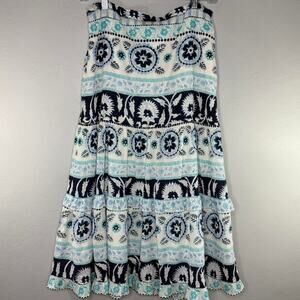 Boho Floral Tiered Midi Skirt Ann Taylor LOFT Size 8 - Blue White Cotton Coastal